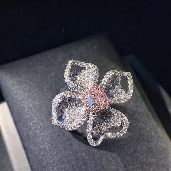 

exquisite full diamond engagement flower pink diamond ring luxury 925 silver zircon ladies ring wedding jewelry, Golden;silver