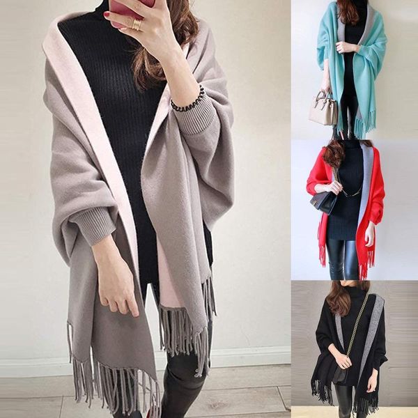 

special shawl/splice design women fashion solid tassel scarf retro double sided scarf long sleeve shawl, Blue;gray
