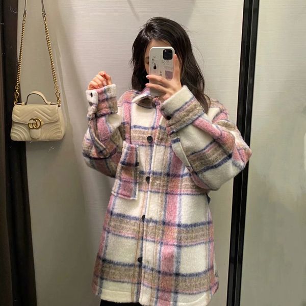 

2021 new womens single breasted button wool blend plaid overshirt shirt jackets outerwear apbz, Black