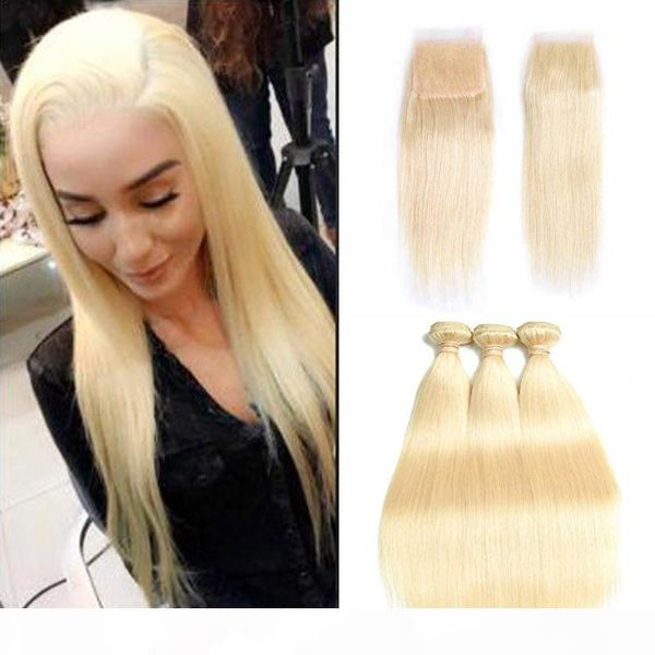 

brazilian silk straight human hair weave bundles with closure 613 blonde virgin hair 3 bundles with lace closure remy hair wholesale, Black