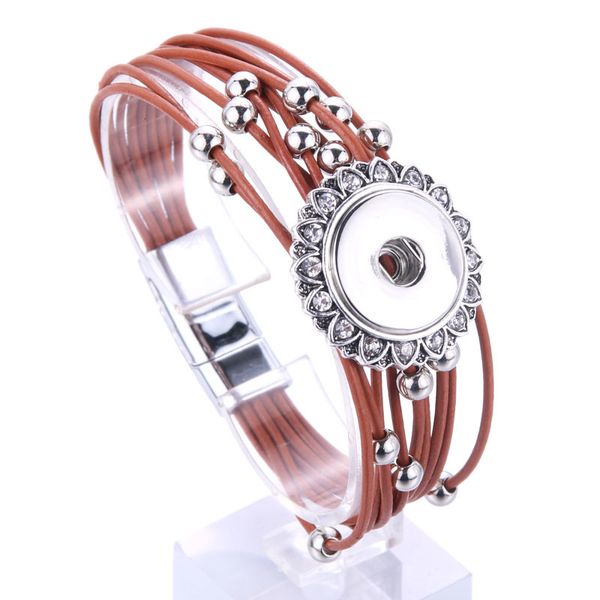 

genuine magnet buckle tan rhinestone real leather bracelet fit 18mm snap button for women jewelry 8869