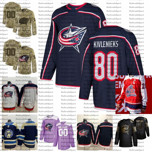 

2021 reverse retro customize 80 matiss kivlenieks columbus blue jackets jerseys golden edition camo veterans day fights cancer hockey jersey, Black;red