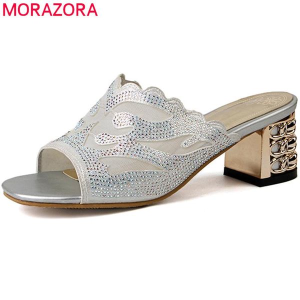 

morazora 2021 women sandals peep toe summer outside slipper high heels rhinestone party shoes woman big size 33-46, Black