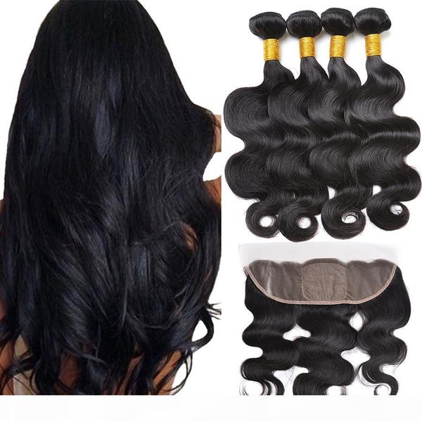 

brazilian virgin human hair body wave with lace frontal closure 4 bundles with 13x4 ear to ear lace frontal closure weaves closure, Black;brown