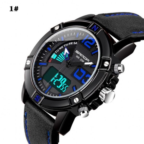 

black case men's watch sport 47mm black leather classic electronic waterproof electronic watch fashion multifunctional outdoor sports w, Slivery;brown