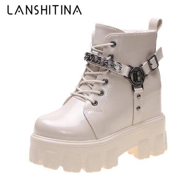 

boots ankle women shoes 2021 warm plush snow high platform leather winter woman chain fur insole punk, Black