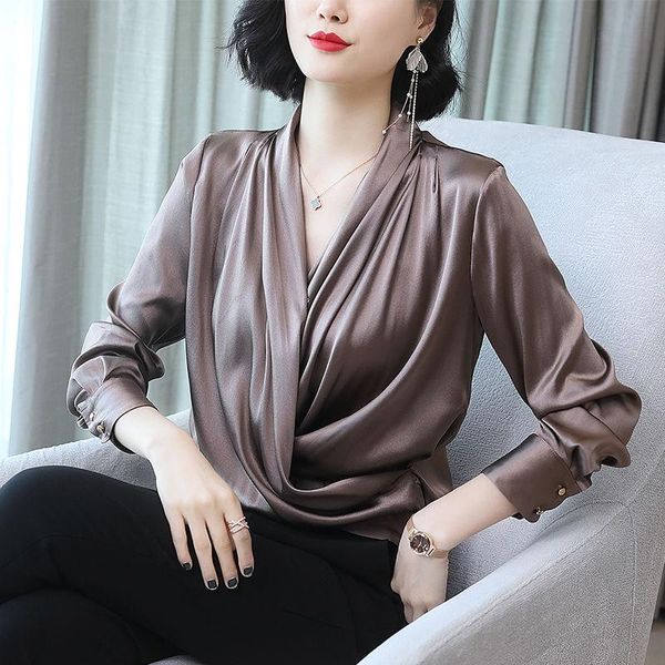 

women's blouses & shirts spring autumn style silk button v-neck long sleeve solid color korean elegant sp663, White