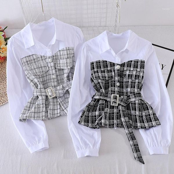 

women new plaid shirt female autumn korean loose long-sleeved stitching fake two-piece blouse turn-down collar female gx11451, White