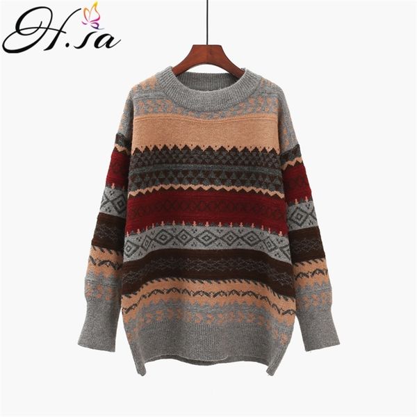 

h.sa women vintage pullover and sweaters winter loose style striped pull jumpers korean style knitwear casual femme 201111, White;black