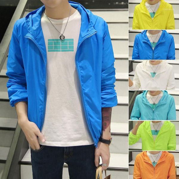 

newly men solid sun protective coat thin slim fit hooded zipper long sleeves coat fif661, Black;brown