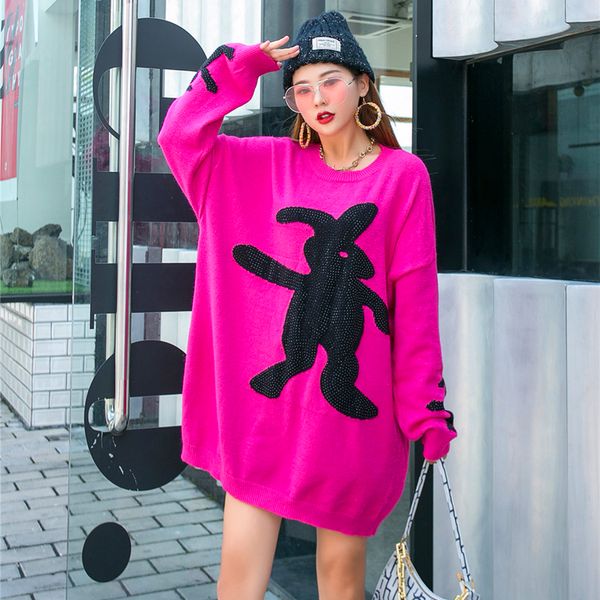 

europe season 2020 autumn and heavy winter industry diamond cartoon mid-length outdoor aging wear trendy sweater, White;black