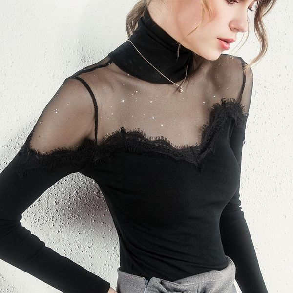 

size s-3xl women turtleneck slim full sleeve mesh patchwork lace t shirts lady elastic tees for women1, White