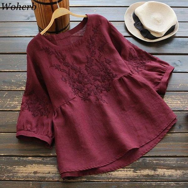 

woherb plus size women blouses embroidery casual shirts woman clothes vintage korean o-neck blusas mujer 2020 summer shirt1, White