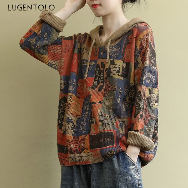 

lugentolo sweater women autumn and winter literary retro printing sweater loose large size hooded pullover sweater c1121, White;black