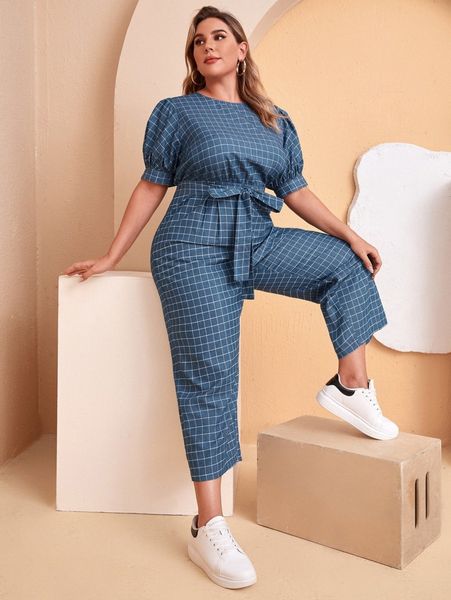 

plus grid print puff sleeve belted jumpsuit j8rg#, Black