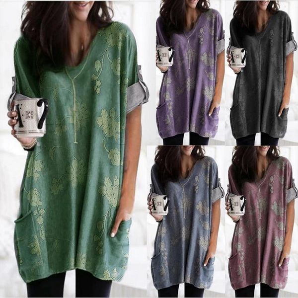 

autumn 2019 women fashion loose print with pocket long t shirt ladies casual v neck long sleeve plus size new cotton tee, White