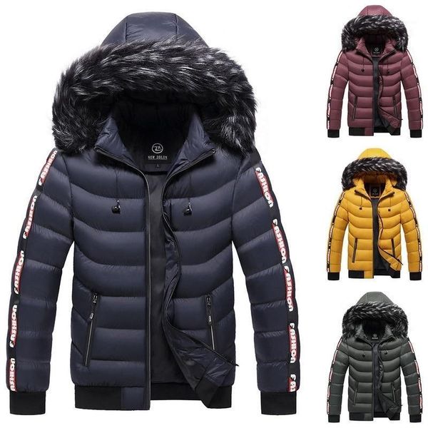 

2020parka jackets fur collar men autumn winter mens warm thick outwear coats solid splice casual hooded windbreak jacket fitness1, Black
