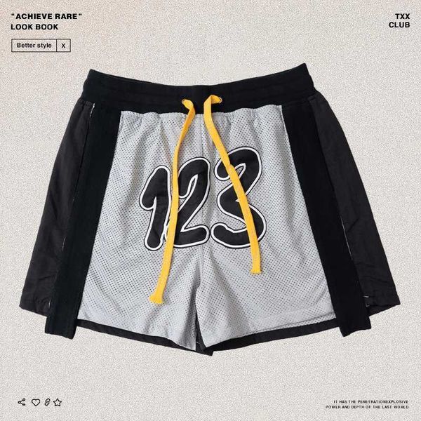 

rrr123 embroidered mesh breathable drawstring sports shorts high street fashion brand fog loose casual capris, White;black