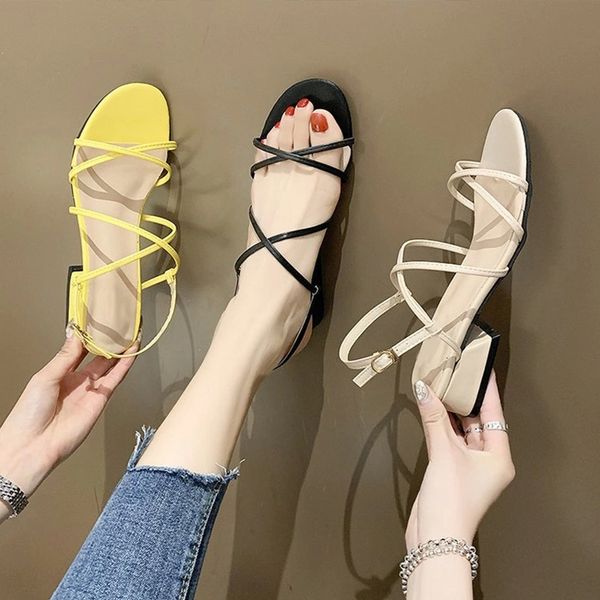 

sandals summer woman cross tie ladies elegant chunky heels buckle straps women round toe female soft pu leather shoes 2020 #7i3e, Black
