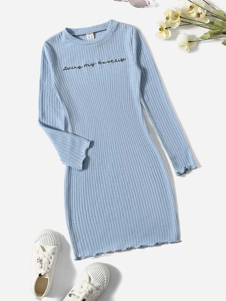 

girls slogan embroidery lettuce trim dress she, Red;yellow