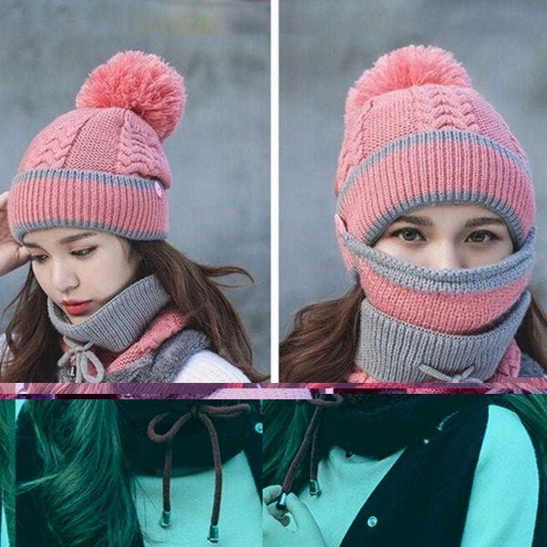 

beanie/skull caps 2021 hat winter women's mask for girls scarf thick warm fleece inside knitted set 3pcs riding fashion hats, Blue;gray