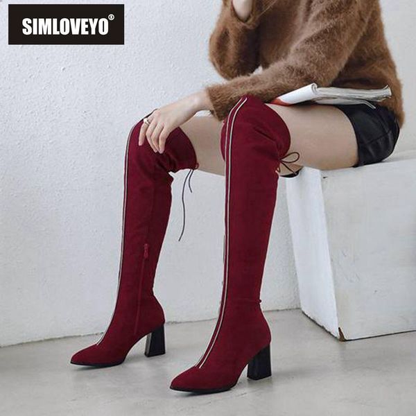

simloveyo winter shoes women over the knee boots pointed toe suede leather thick high heel striped zipper lace up thigh high, Black