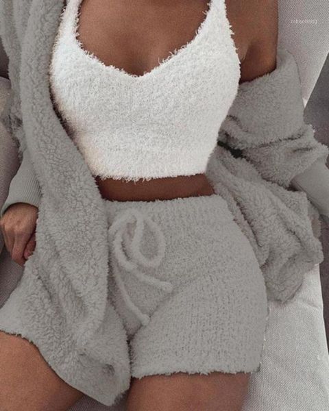 

two piece dress autumn winter fluffy hooded open front teddy coat & short sets1, White