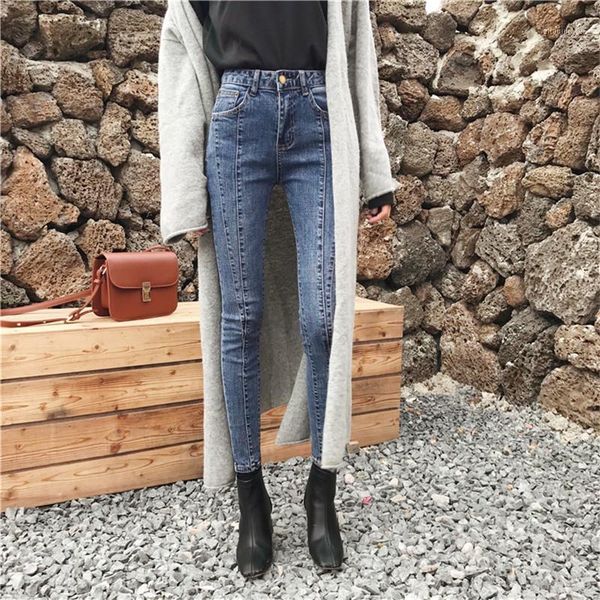 

real s2020 new fashion retro was thin high waist stretch jeans wild stretch feet pencil jeans1, Blue
