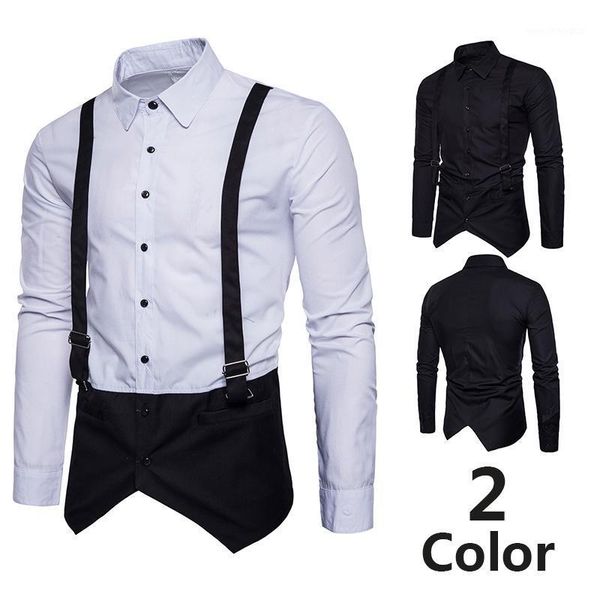

men's casual shirts 2021 men's clothing fashion business fake two pieces of suspenders long sleeve shirt plus size stage singer co, White;black
