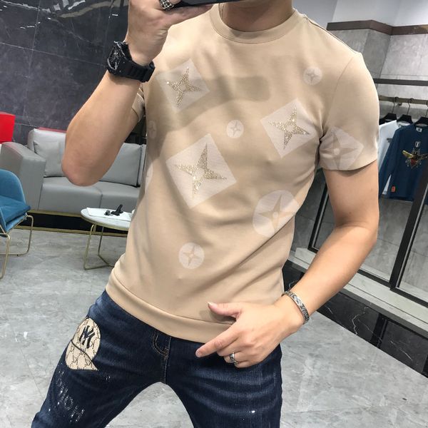 

men's t-shirts luxury new printing mercerized cotton rhinestone casual male slim tees designer round collar short sleeve clothes pink b, White;black