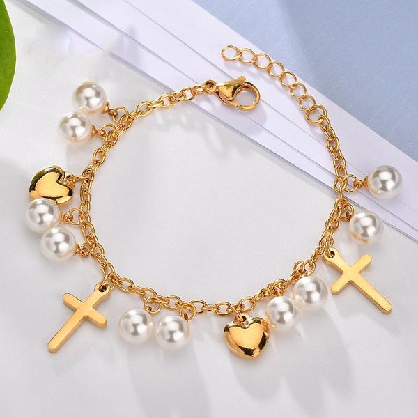 

simple ladies pearl bracelet fashion golden love cross bracelet for women jewelry wild stainless steel heart jewelry, Black