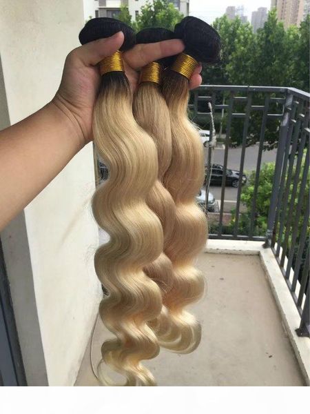 

brazilian dark root blonde human hair body wave 3pcs bundles two tone 1b 613 virgin hair ombre brazilian hair, Black