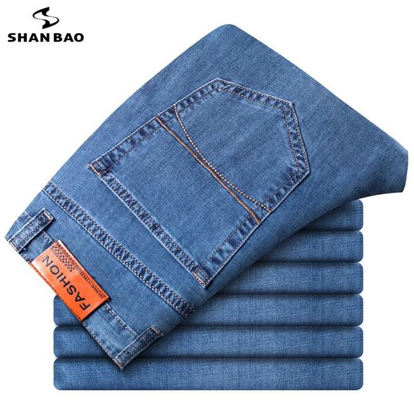 

men's jeans shan bao fit thin comfortable cotton stretch 2021 spring and summer brand classic pocket business casual denim, Blue