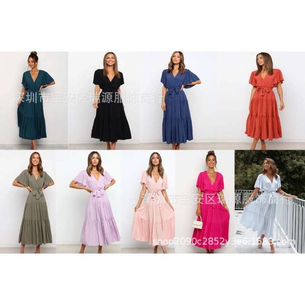 

self designed 2021 spring / summer solid color dress v-neck long irregular large swing skirt, Black;gray