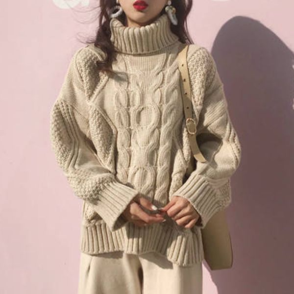 

2021 high-collar korean women's sweater casual fashion oversize school lazying school-style winter jumper beige knitted shirt kwjw, White;black