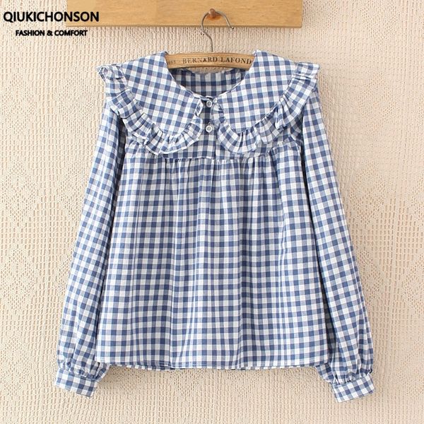 

women plaid shirt long sleeve spring summer ladies japanese mori girl peter pan collar cute baby doll cotton white blouses y200622