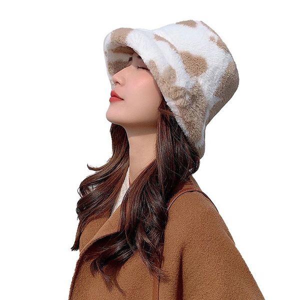 

stingy brim hats winter cow print plush bucket for women, Blue;gray