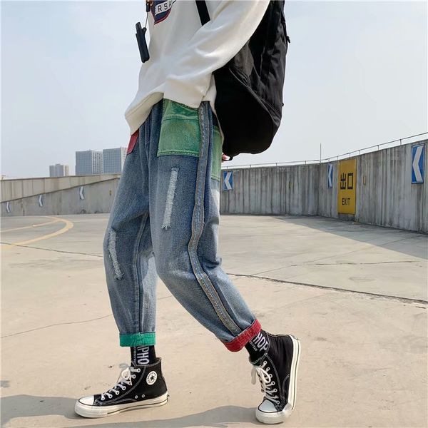 

hong kong style retro straight men's harajuku trend pants 2020 spring autumn teenagers cowboy hip hop denim jeans, Blue