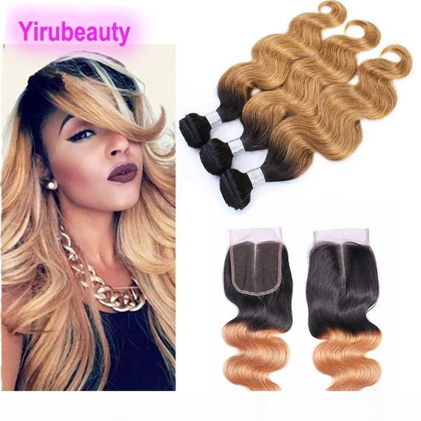

peruvian virgin hair body wave bundles with 4x4 lace closure 4 pieces lot human hair extensions wefts with closure 1b 27 double color 1b 27, Black;brown