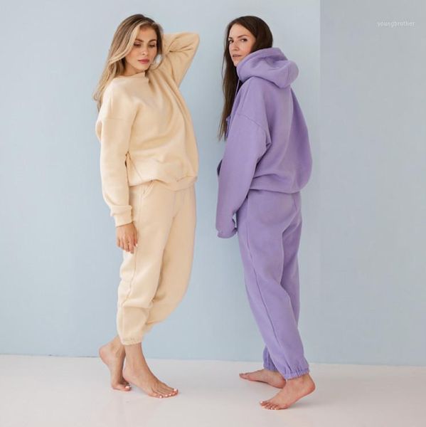 

women's tracksuits autumn winter women warm two pieces sets long sleeve hooded collar casual loose sweatshirt + drawstring sports pant, Gray