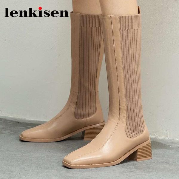 

lenkisen square toe high heel knitting boots french romantic handmade brand pretty girls party knee-high boots l381, Black