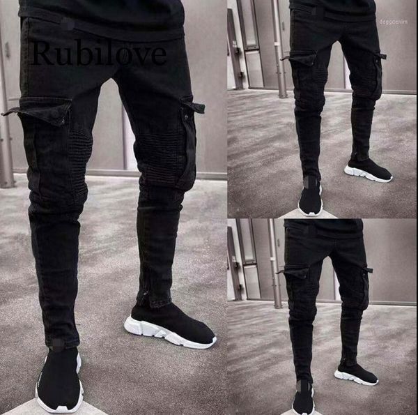 

men's jeans 2021 fashion black jean men denim skinny biker destroyed frayed slim fit pocket cargo pencil pants plus size s-3xl1, Blue