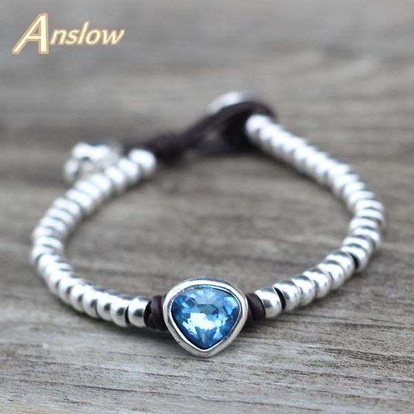 

anslow мода ювелирные изделия бренд кристалл сердце древнее ручной работы diy бусины кожаные браслет ювелирные изделия для женщин женский lo, Golden;silver