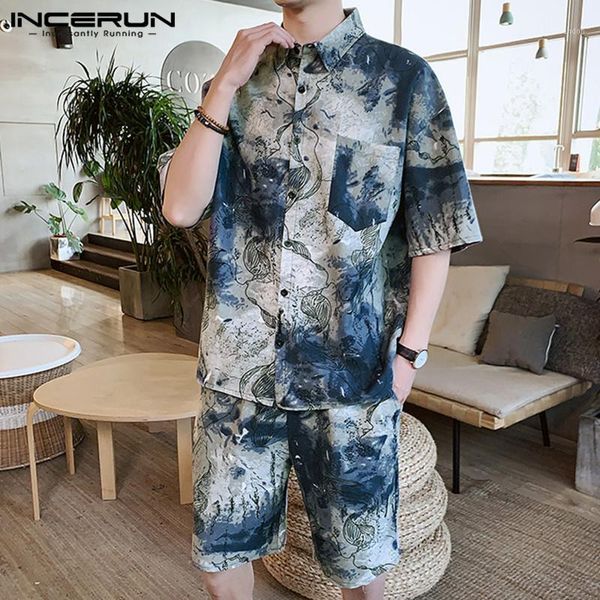 

men's tracksuits incerun printing men sets half sleeve lapel shirt & shorts pockets streetwear cotton male casual suit summer vintage c, Gray