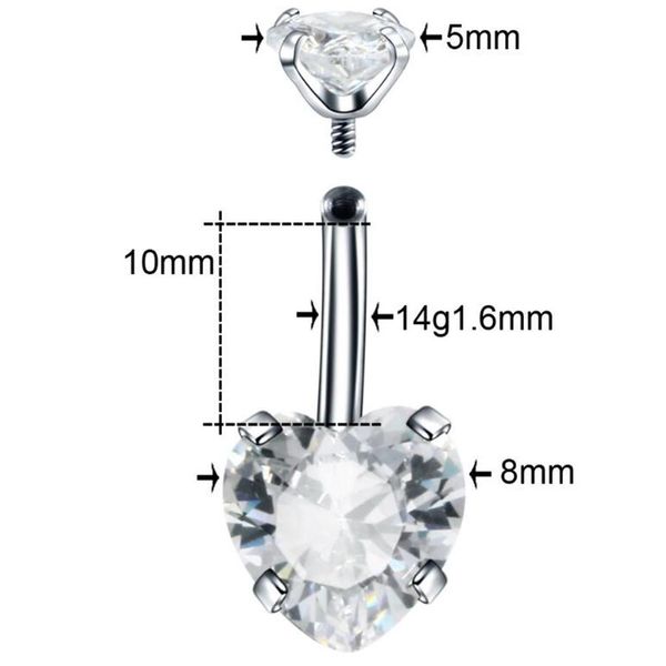 

1 кусок нержавеющей стали в форме сердца циркона zircon belly кольцо перфорированные ювелирные изделия горячие продажи красочные zircon body, Silver