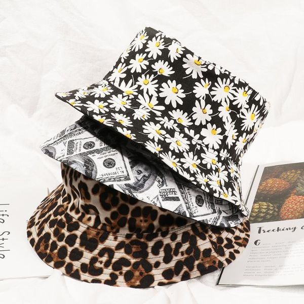 

fashion double-sided daisies bucket hat reversible foldable bucket hat cow print fisherman cap summer women men sunscreen1, Blue;gray