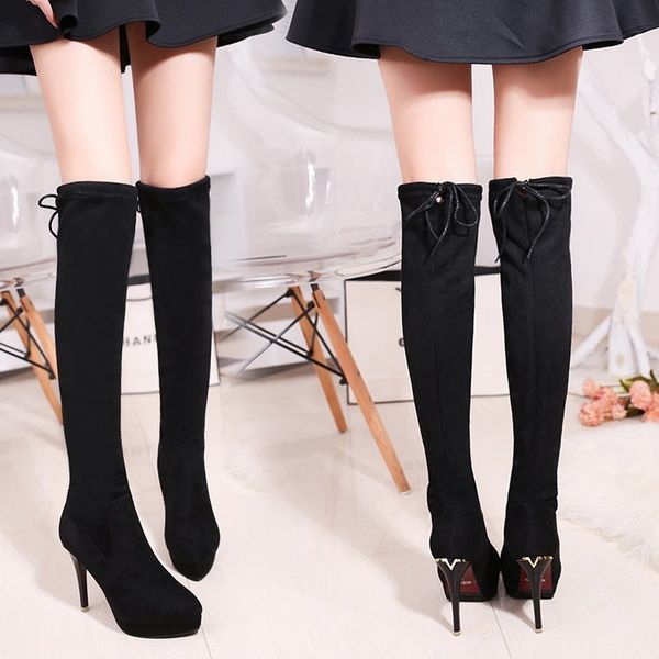 

женщины зимние колена высокие сапоги платформы на высоком каблуке длинные сапоги красные подошвы тонкие каблуки femme черные толстые каблуки, Black