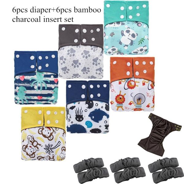 

simfamily] 6pcs reusable bamboo charcoal cloth diaper waterproof  pocket diaper double gussets charcoal nappy wholesale lj201023