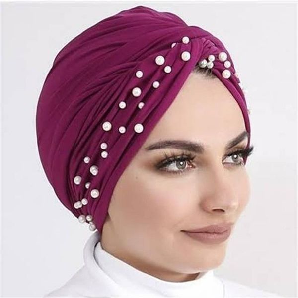 

2020 new velvet turbans for women pearls turban femme musulman women's head scarf turban cap winter hat turbante mujer1, Red
