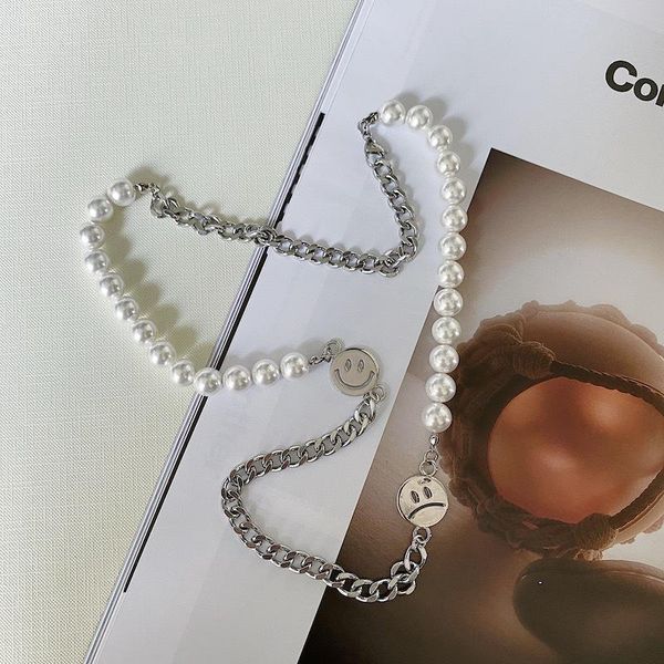 

smiling face pearl titanium steel jewelry hip hop popular logo men's and women's clavicle chains, Silver